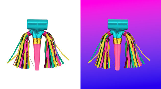 Colorful metallic party noisemaker on gradient background