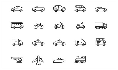 Set outline icons related to vehicles. Linear icon collection. Editable stroke. Vector illustration © SantoshArt