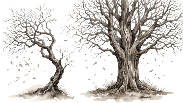 Hand drawn watercolor illustration featuring two bare deciduous trees without leaves surrounded by falling autumn foliage and delicate grass patches showcasing sepia brown tones