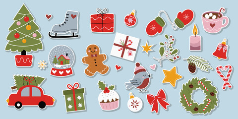 Fototapeta premium Retro Christmas sticker set with pine tree, car with fir tree, ice skate, gingerbread man, snow globe, mittens, and gift boxes. Festive holiday clipart collection for cards and packaging