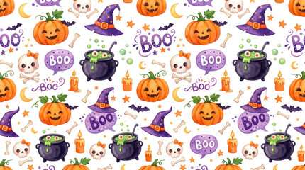 Fototapeta premium Watercolor Halloween seamless pattern with jack o lantern pumpkins witch hats magic cauldrons skulls bones candles bats moons and boo text elements repeated endlessly spooky