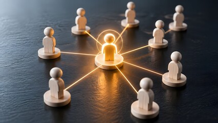Obraz premium Glowing wooden figure at the center of a network connecting to other figures representing leadership and recruitment strategy