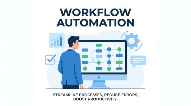 A professional businessman looking at a computer screen displaying a complex workflow automation diagram for business process optimization strategy