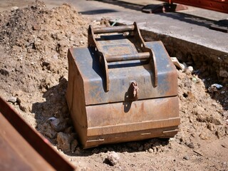 Heavy excavator bucket resting on dirt mound at an outdoor urban construction site during roadwork excavation and earthmoving operations © Ena