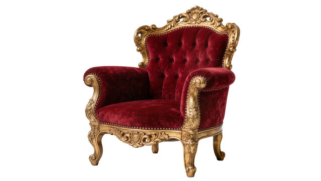 Ornate red velvet armchair with carved gold gilded frame, isolated on transparent background