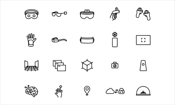 Set outline icons related to virtual reality, augmented reality. Linear icon collection. Editable stroke. Vector illustration