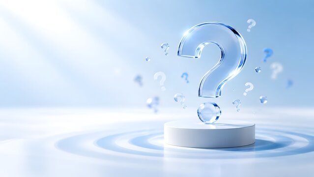 3D transparent glass question mark on a white podium with floating symbols and water ripples representing clear answers and FAQ