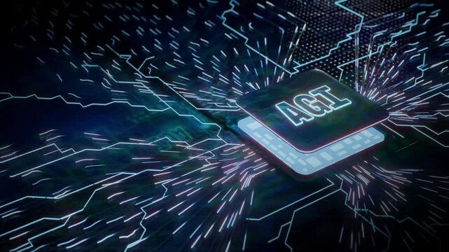 AGI Artificial General Intelligence Glowing Microchip with Neon Circuit Lines 3D Illustration