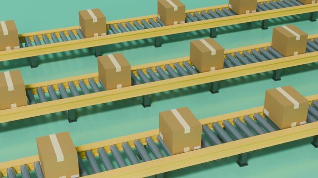 Cardboard boxes moving on automated warehouse roller conveyor lines, seamless 3D animation