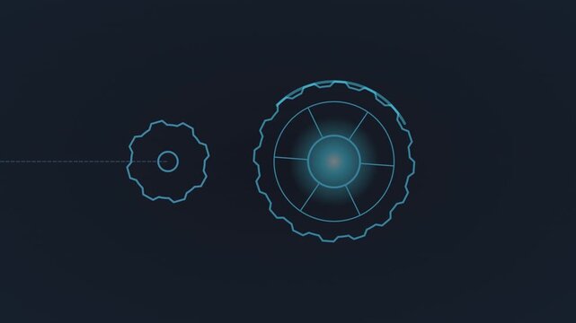 Abstract tech-blue wireframe gears mesh together, transferring torque that ignites a glowing energy core at the hub &mdash; a visual metaphor for small actions powering big systems. Seamless 6-second loop i