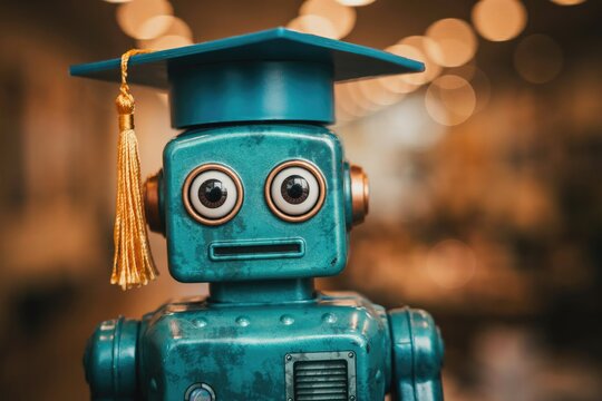 Teal vintage robot wearing a graduation cap with a gold tassel
