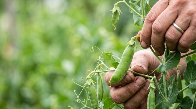 Farmer hands harvesting fresh organic green pea pods in a vegetable garden during summer season