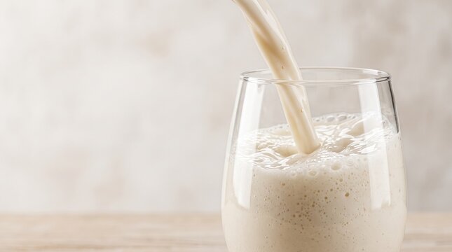 Pouring fresh creamy plant based milk or protein shake into a clear glass with frothy bubbles on a wooden table