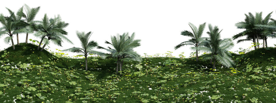 Rolling green hills covered in dense foliage and small wildflowers, with scattered trees on the crest, natural landscape border on transparent background