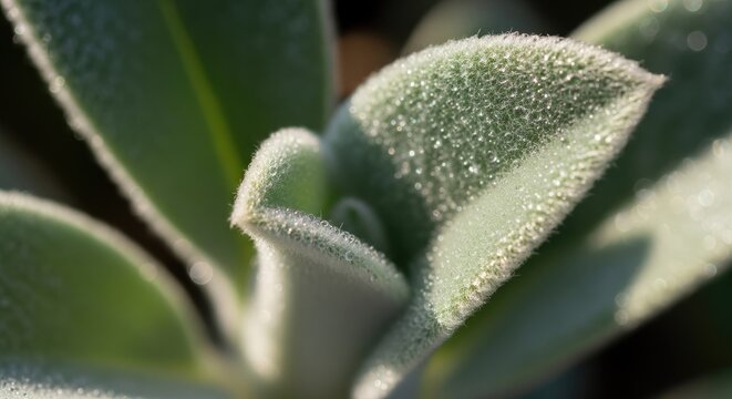 Macro view of green succulent plant fuzzy leaves.