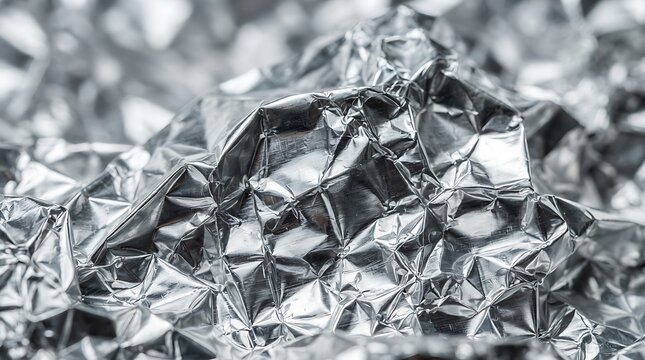 Shiny silver aluminum foil texture with many creases and deep folded shadows