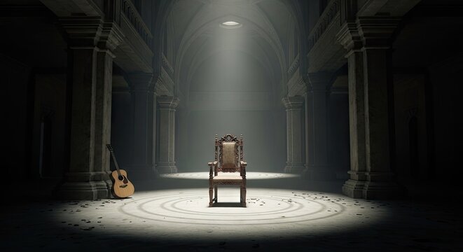Antique throne under spotlight in dark stone cathedral hall.