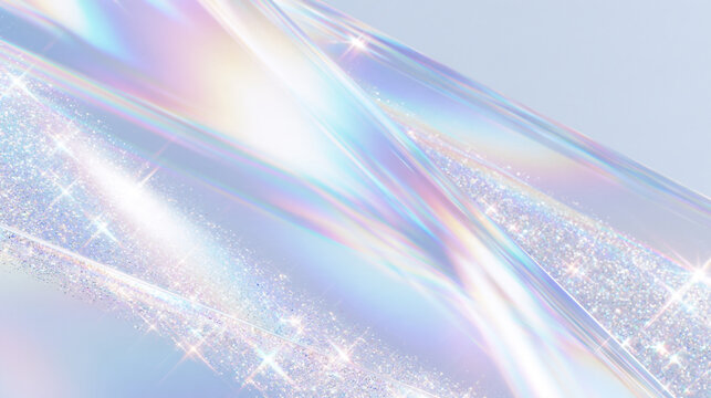 パステルブルーに虹色のプリズムとグリッターが輝く透明感のある抽象背景 Transparent pastel blue abstract background with iridescent prism light and sparkling glitter