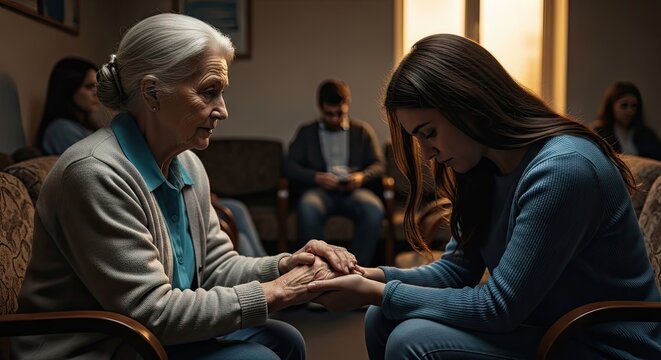 Young woman comforting senior lady during support group meeting