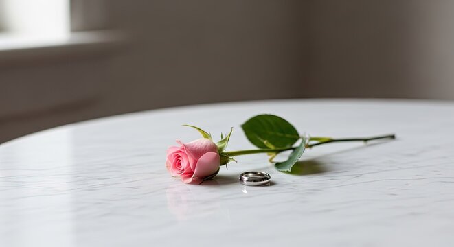 Pink rose flower and wedding rings on marble surface