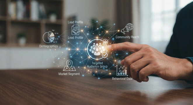 Audience segmentation and customer network targeting concept. Person selecting connected group icon. customer profiling, market segmentation, lead targeting, community reach digital marketing strategy