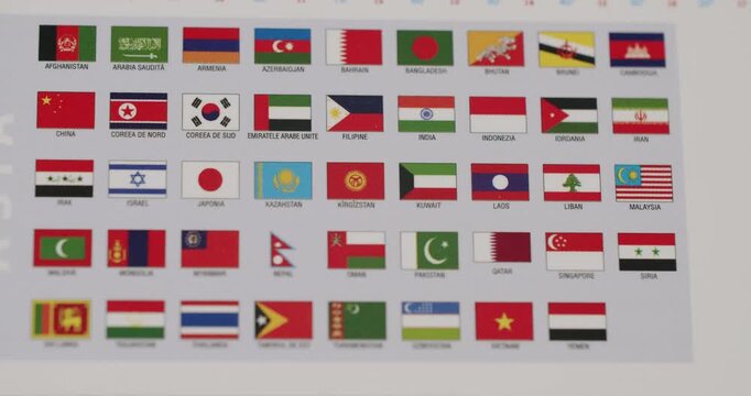 Chart showing a complete collection of all asian flags, including those of China, Japan, South Korea and North Korea. The focus is shifting through the different flags of the continent