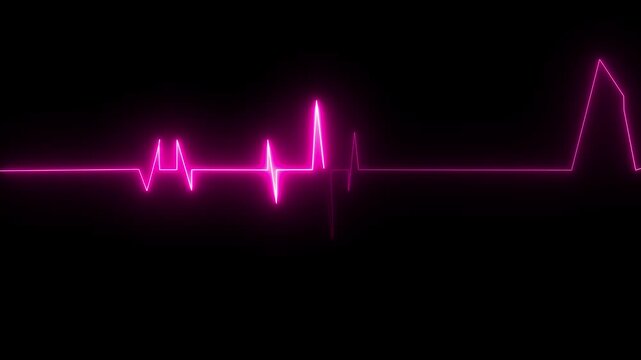 Heartbeat monitor showing a glowing pink electrocardiogram pulse wave line across a completely dark black digital computer screen background during medical diagnostics.