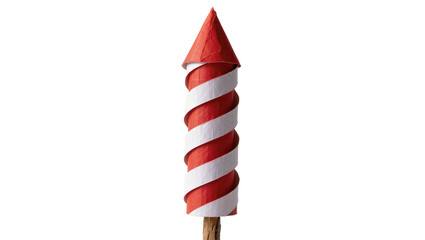 Red and white striped firework rocket with pointed top, isolated on transparent background © Igor