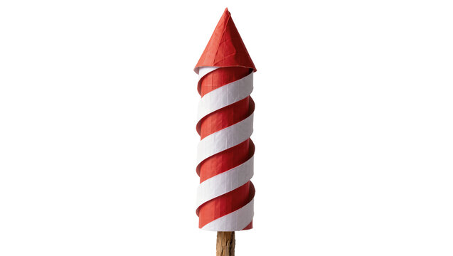 Red and white striped firework rocket with pointed top, isolated on transparent background
