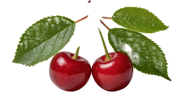 Two ripe red cherries with green leaves, isolated on transparent background