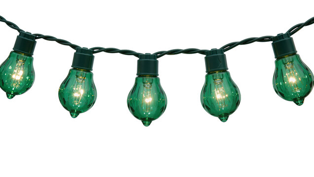 String of green glass light bulbs, illuminated and isolated on transparent background