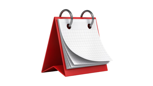 Red desk calendar with metal rings and grid paper pages, isolated on transparent background