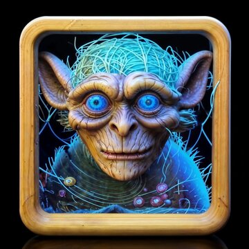 Blue-Haired Goblin Creature in Wooden Frame  Cartoon Illustration.
