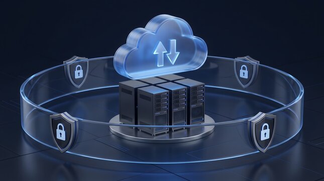 Secure cloud computing servers with data transfer and shield protection representing cybersecurity and digital data storage safety