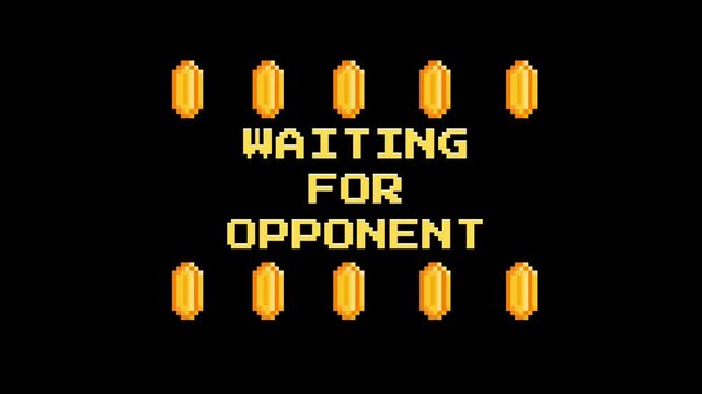Retro video game screen displays 'Waiting For Opponent' with pixelated gold coins, evoking classic arcade nostalgia and competitive multiplayer anticipation