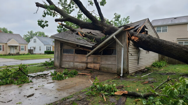 Large fallen tree crushing residential garage roof after severe storm causing property damage