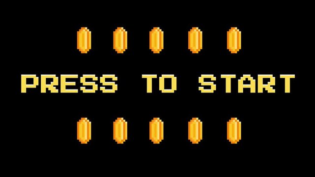 Vintage Video Game Start Screen Featuring Golden Coins and Classic 'Press to Start' Text on a Black Background