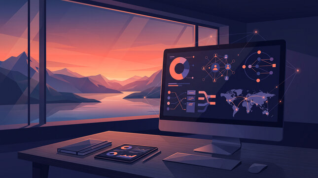 A modern computer with data visualization displayed on its screen sits on a desk, overlooking a serene lake and mountains at sunset. The scene blends technology with the beauty of nature