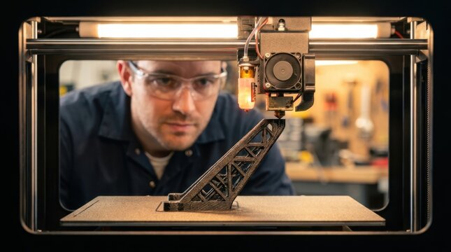Engineer monitoring a 3D printer extruding carbon fiber polymer into a lattice bracket with heated nozzle and cooling fan.