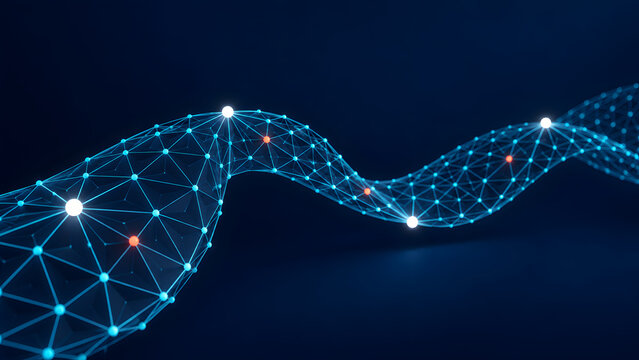 Abstract digital network of glowing nodes and connecting lines representing data flow connectivity and technology on a dark blue background