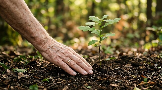 Elderly person hand touching dark soil next to a small green oak sapling in a forest