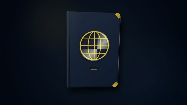 Dark blue notebook with gold globe emblem and corner accents on black background