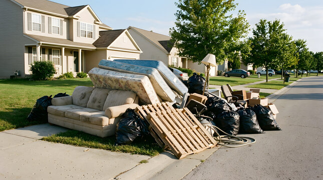 Residential Bulk Waste Piled On Street Curb For Pickup | Old Furniture Mattress And Trash Bags Disposal | Curbside Garbage Collection And Junk Removal Service