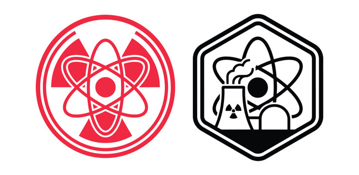 Two nuclear energy featuring an atom symbol and a power plant, one in red and one in black, isolated on a white background, for use