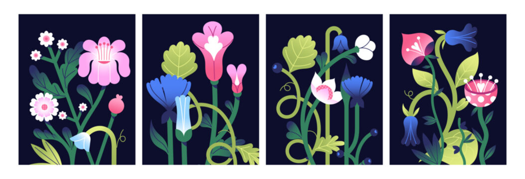 Design of greeting cards with floral pattern on cover. Set of posters with abstract vibrant flowers. Postcards with abstract spring flowers on background. Cards with floral patterns. Blooming nature