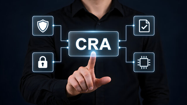 Man s finger touching digital interface displaying CRA acronym connected to icons of shield lock checklist and microchip representing compliance and security concept