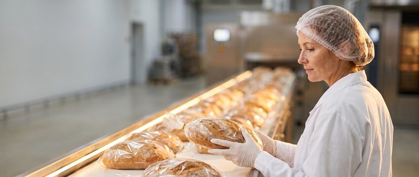 Qualit&auml;tskontrolle in der Lebensmittelherstellung: Arbeiterin pr&uuml;ft verpacktes Brot am F&ouml;rderband in einer Gro&szlig;b&auml;ckerei.