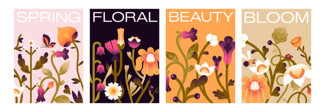 Design posters with floral patterns. Set of postcards with abstract flowers. Greeting cards with meadow flowers, leaves and blooming plants. Spring nature posters. Cards with cute floral patterns