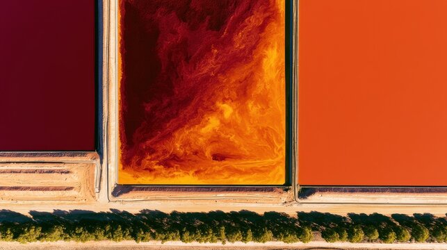 Aerial view of red and orange evaporation ponds with colorful mineral patterns and textures