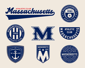 Fototapeta premium Sport sticker Pack. Collection of trendy pins. Set of cool patches vector design. Massachusetts retro sport badges.